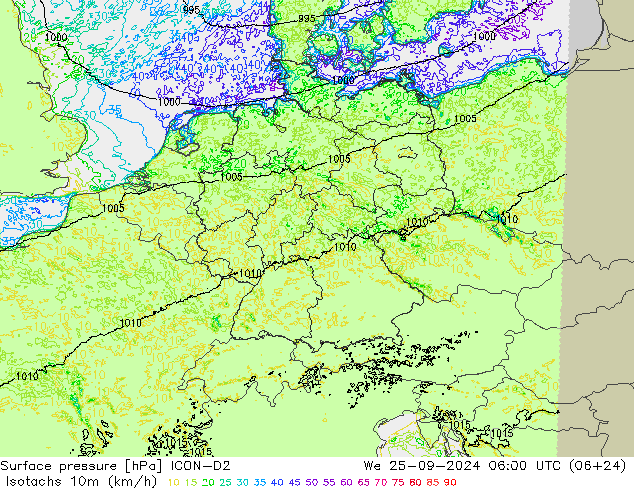 Isotachen (km/h) ICON-D2 Mi 25.09.2024 06 UTC