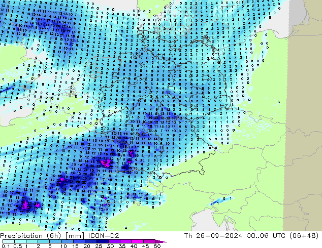 Precipitación (6h) ICON-D2 jue 26.09.2024 06 UTC