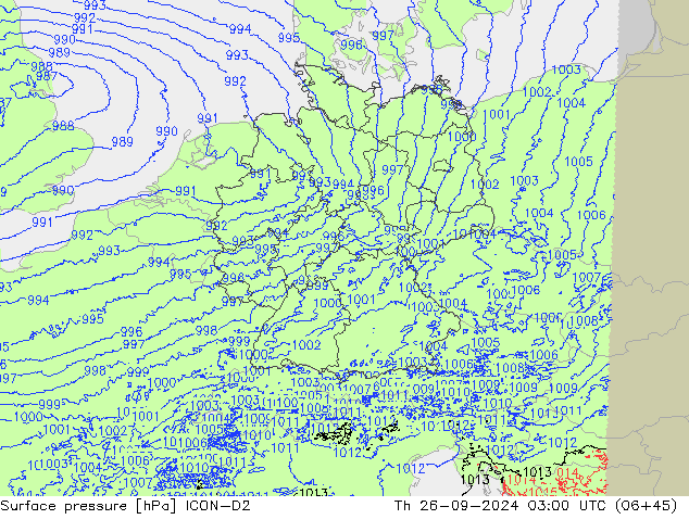 Atmosférický tlak ICON-D2 Čt 26.09.2024 03 UTC