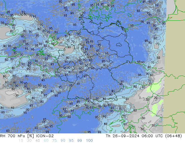 RH 700 hPa ICON-D2 czw. 26.09.2024 06 UTC