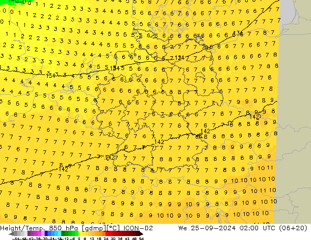 Height/Temp. 850 hPa ICON-D2 śro. 25.09.2024 02 UTC