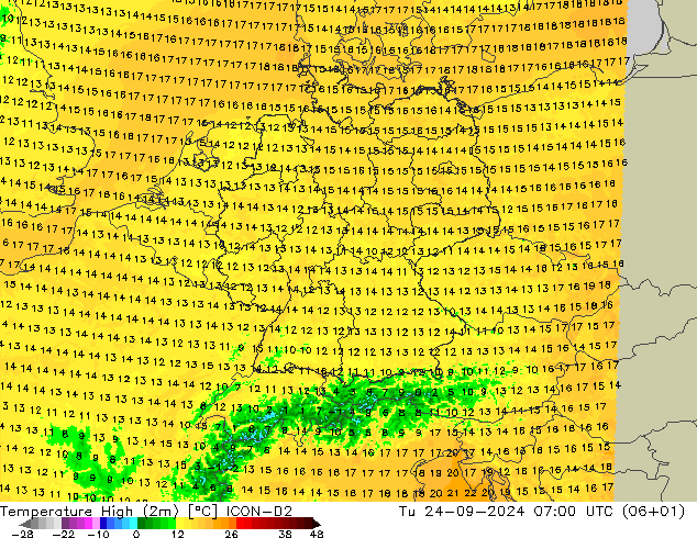 temperatura máx. (2m) ICON-D2 Ter 24.09.2024 07 UTC