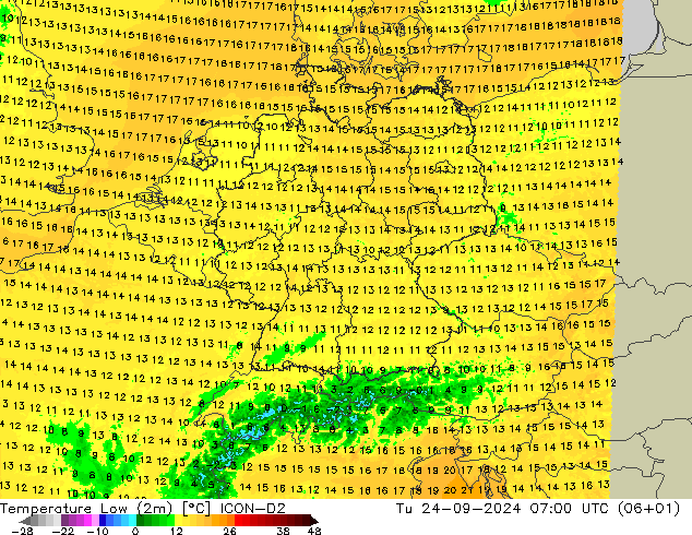 Temperature Low (2m) ICON-D2 Tu 24.09.2024 07 UTC