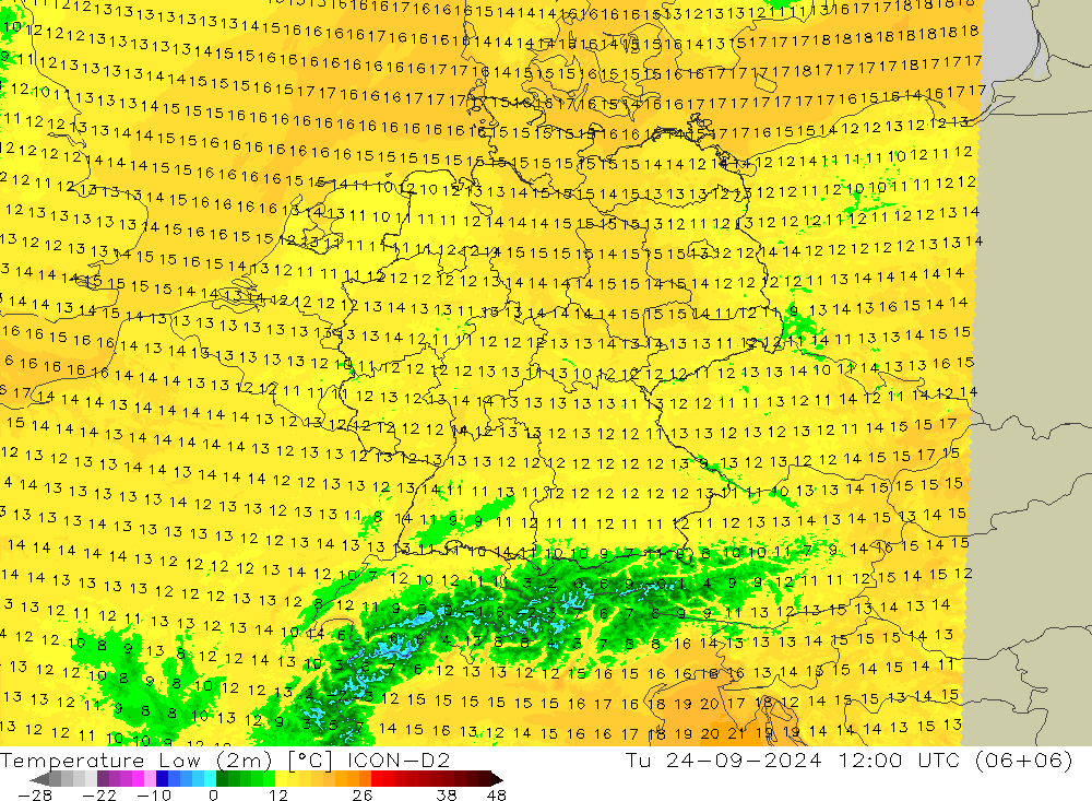 Temperature Low (2m) ICON-D2 Tu 24.09.2024 12 UTC