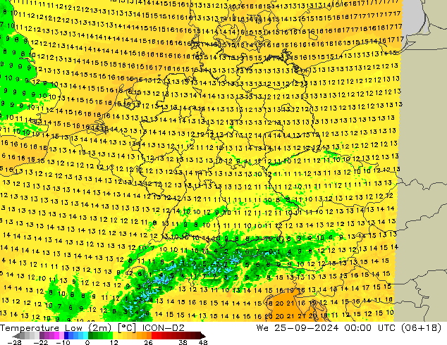 Nejnižší teplota (2m) ICON-D2 St 25.09.2024 00 UTC