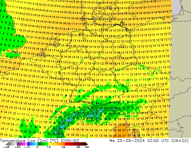 Temperatura mín. (2m) ICON-D2 mié 25.09.2024 02 UTC