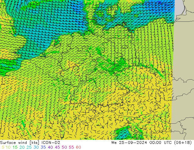 Vento 10 m ICON-D2 Qua 25.09.2024 00 UTC