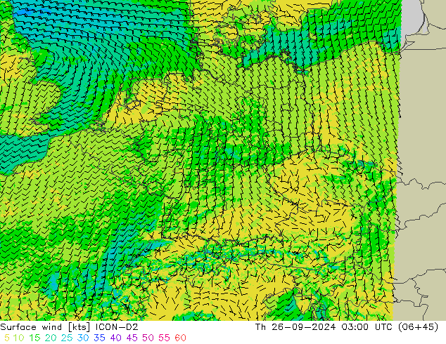 Vento 10 m ICON-D2 gio 26.09.2024 03 UTC