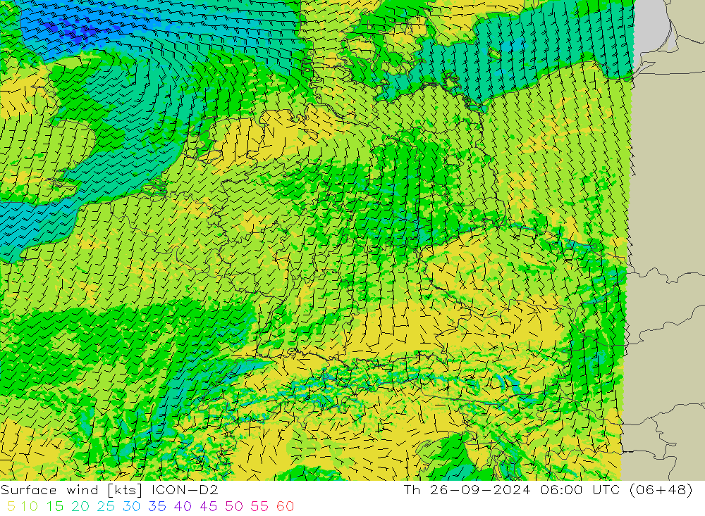 Surface wind ICON-D2 Th 26.09.2024 06 UTC