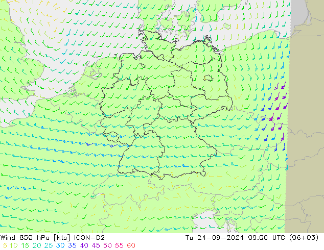 Vento 850 hPa ICON-D2 Ter 24.09.2024 09 UTC