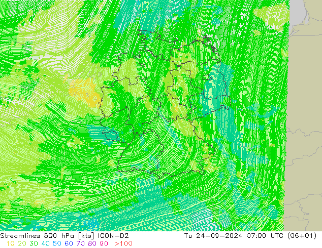 Linea di flusso 500 hPa ICON-D2 mar 24.09.2024 07 UTC