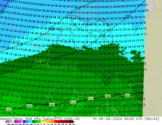 Height/Temp. 500 hPa ICON-D2 czw. 26.09.2024 00 UTC