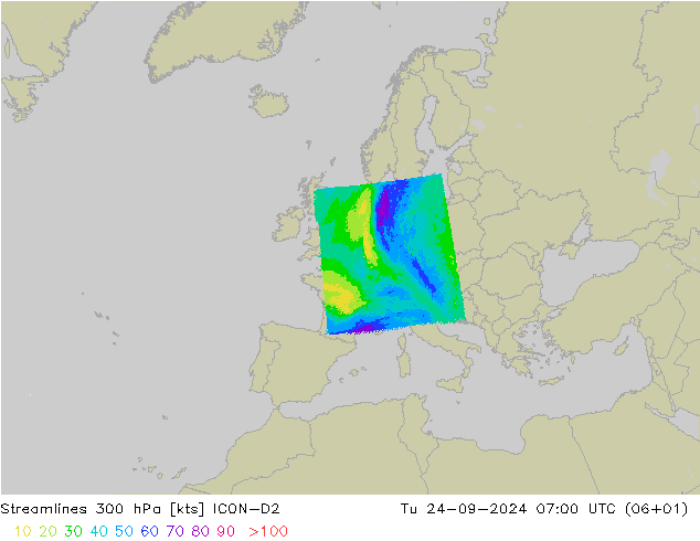 Linia prądu 300 hPa ICON-D2 wto. 24.09.2024 07 UTC