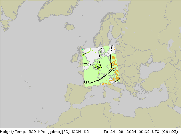 Height/Temp. 500 hPa ICON-D2 Út 24.09.2024 09 UTC