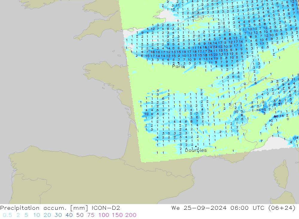 Précipitation accum. ICON-D2 mer 25.09.2024 06 UTC