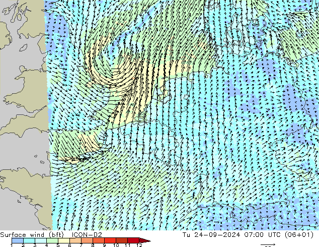 Surface wind (bft) ICON-D2 Tu 24.09.2024 07 UTC