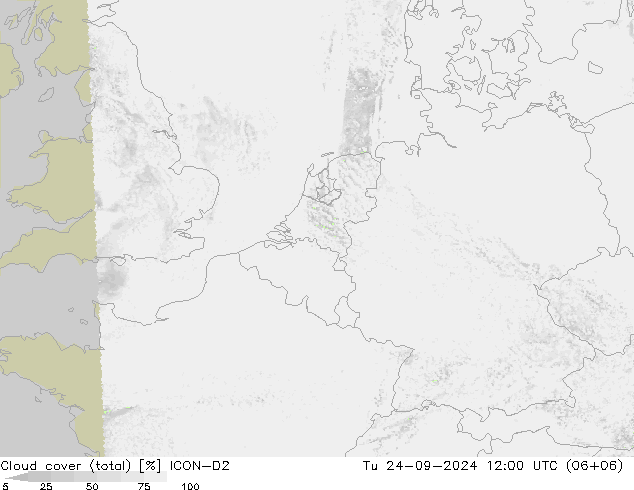 Cloud cover (total) ICON-D2 Tu 24.09.2024 12 UTC