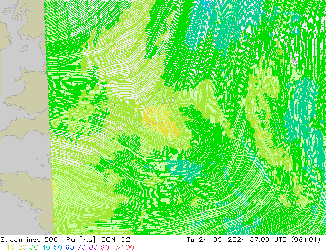 Stroomlijn 500 hPa ICON-D2 di 24.09.2024 07 UTC