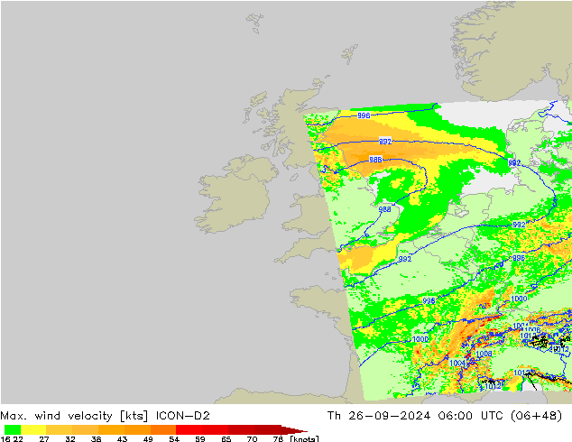 Max. wind velocity ICON-D2 czw. 26.09.2024 06 UTC