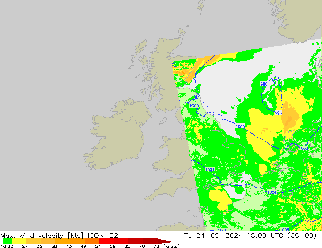 Max. wind velocity ICON-D2 Tu 24.09.2024 15 UTC