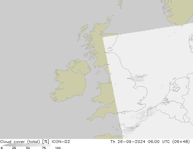 Cloud cover (total) ICON-D2 Th 26.09.2024 06 UTC