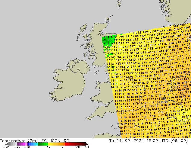 Temperature (2m) ICON-D2 Tu 24.09.2024 15 UTC