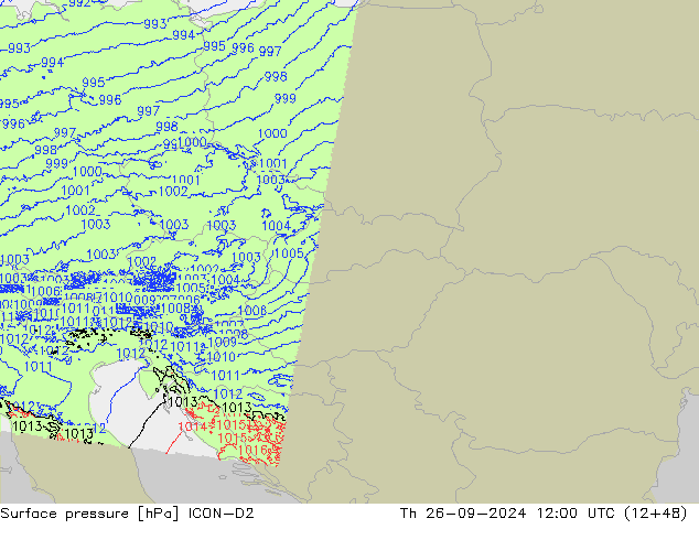 Surface pressure ICON-D2 Th 26.09.2024 12 UTC