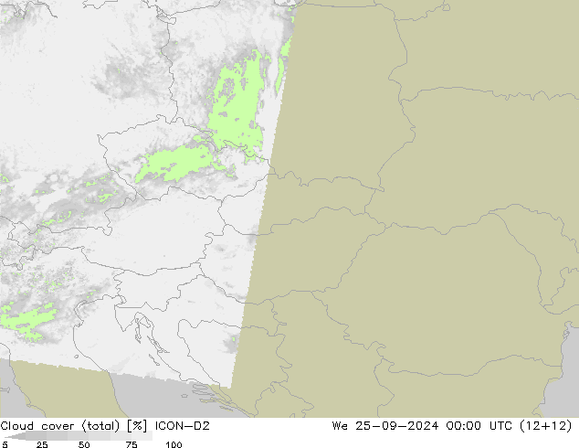 Nuages (total) ICON-D2 mer 25.09.2024 00 UTC