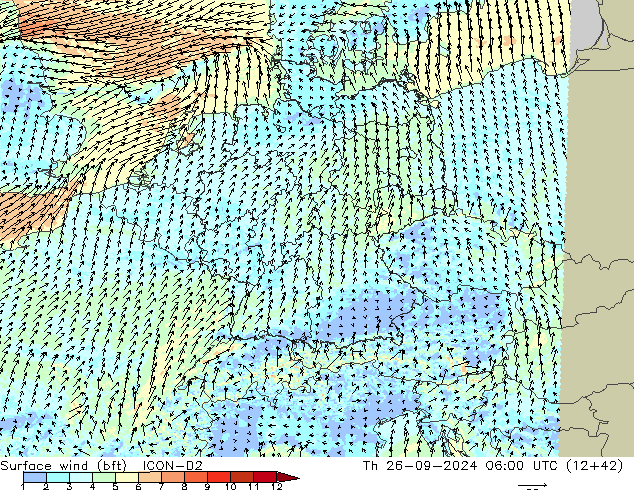 Surface wind (bft) ICON-D2 Th 26.09.2024 06 UTC