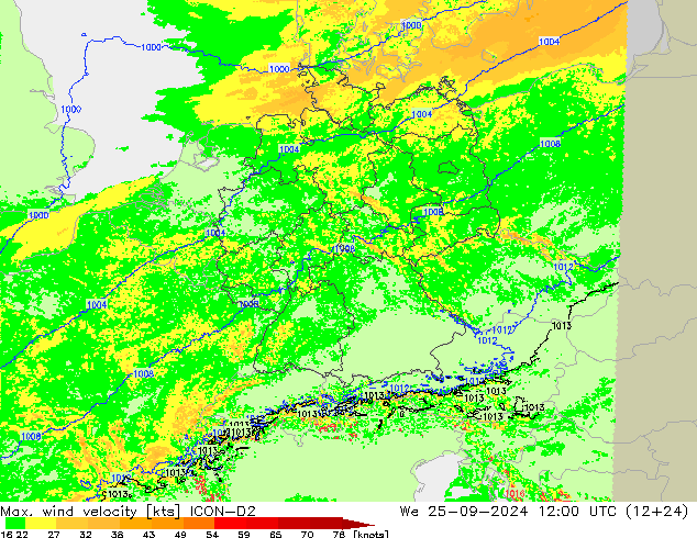 Max. wind velocity ICON-D2 mié 25.09.2024 12 UTC