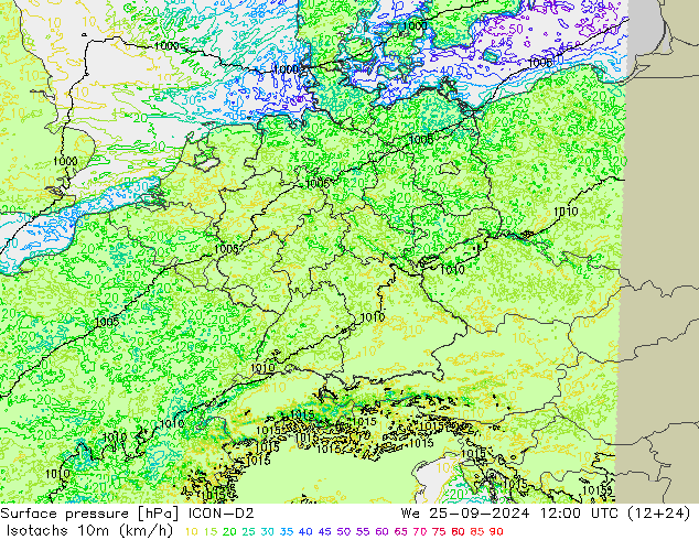 Isotachs (kph) ICON-D2 We 25.09.2024 12 UTC