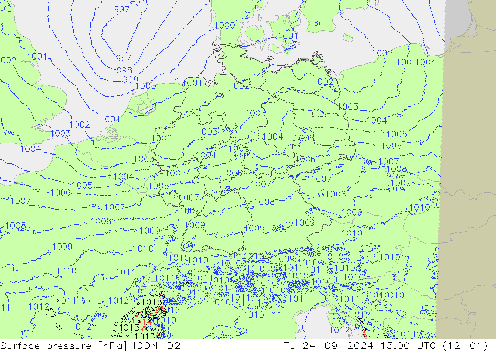 Surface pressure ICON-D2 Tu 24.09.2024 13 UTC