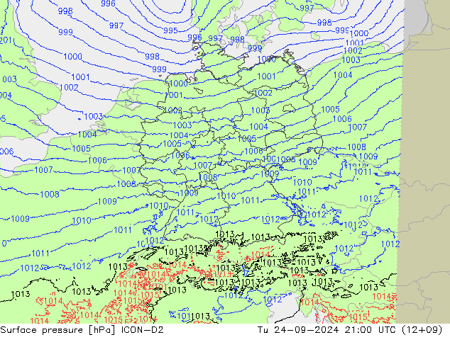 Surface pressure ICON-D2 Tu 24.09.2024 21 UTC