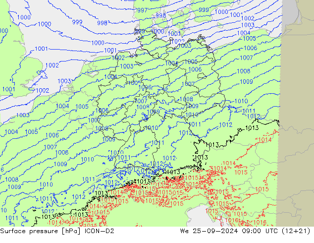 Atmosférický tlak ICON-D2 St 25.09.2024 09 UTC