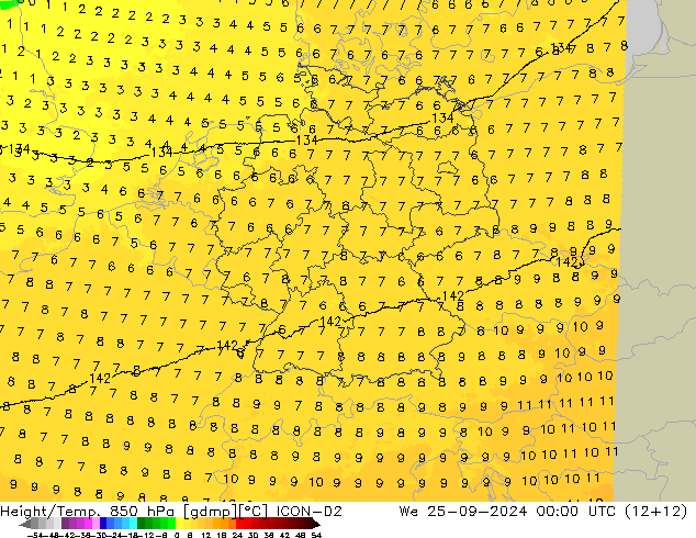 Height/Temp. 850 hPa ICON-D2 mer 25.09.2024 00 UTC