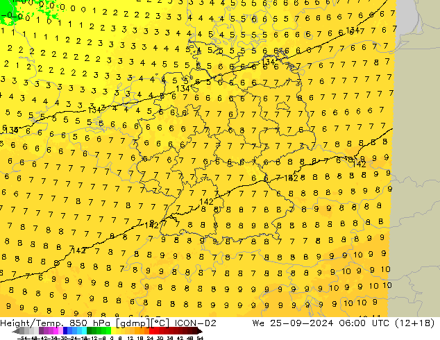 Height/Temp. 850 hPa ICON-D2 Mi 25.09.2024 06 UTC