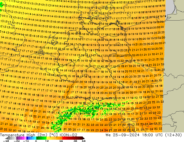 temperatura máx. (2m) ICON-D2 Qua 25.09.2024 18 UTC