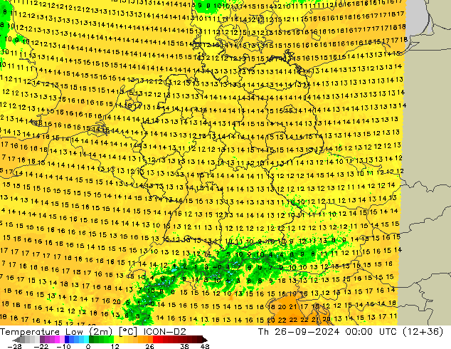 Temperature Low (2m) ICON-D2 Th 26.09.2024 00 UTC