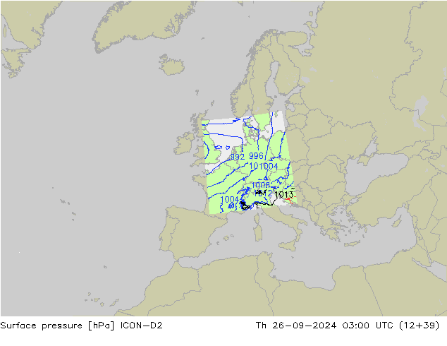 Pressione al suolo ICON-D2 gio 26.09.2024 03 UTC