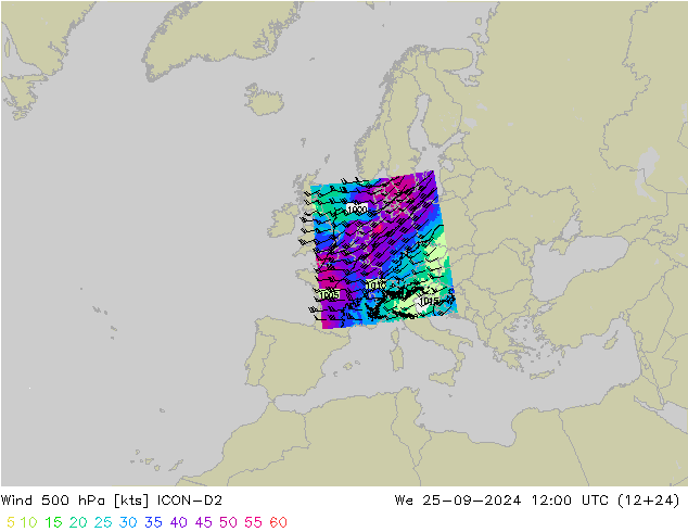 Vent 500 hPa ICON-D2 mer 25.09.2024 12 UTC