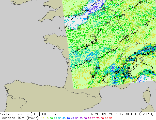 Isotachs (kph) ICON-D2 Th 26.09.2024 12 UTC