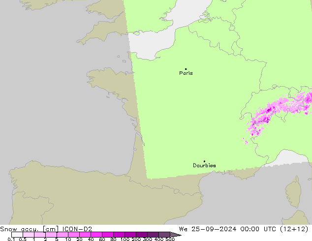 Snow accu. ICON-D2 mié 25.09.2024 00 UTC