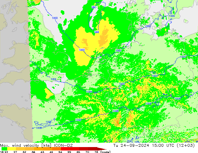 Max. wind velocity ICON-D2 Út 24.09.2024 15 UTC