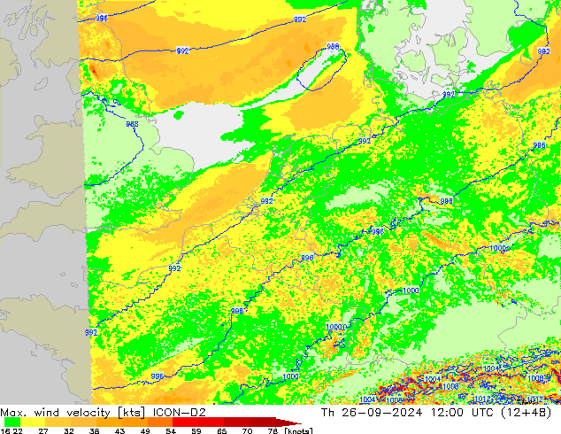 Max. wind velocity ICON-D2 Th 26.09.2024 12 UTC