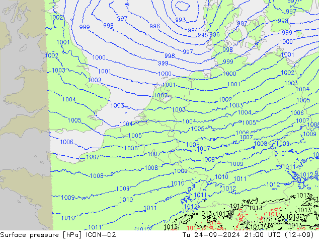 Yer basıncı ICON-D2 Sa 24.09.2024 21 UTC