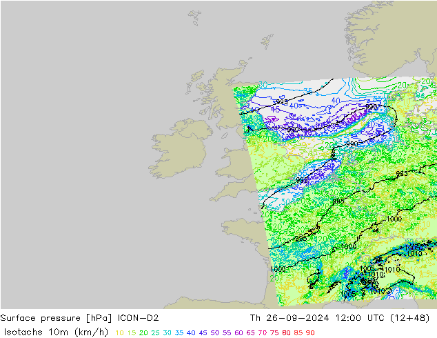 Isotaca (kph) ICON-D2 jue 26.09.2024 12 UTC