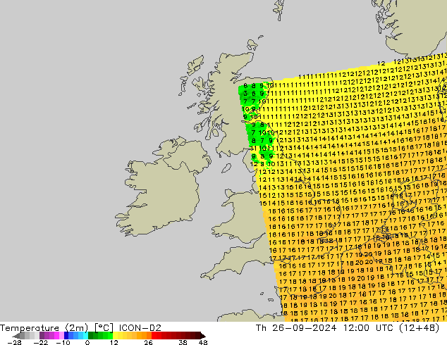 Temperatura (2m) ICON-D2 Qui 26.09.2024 12 UTC