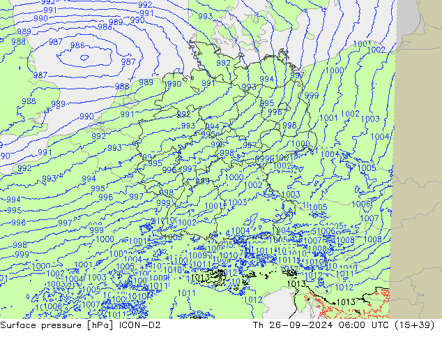 Surface pressure ICON-D2 Th 26.09.2024 06 UTC