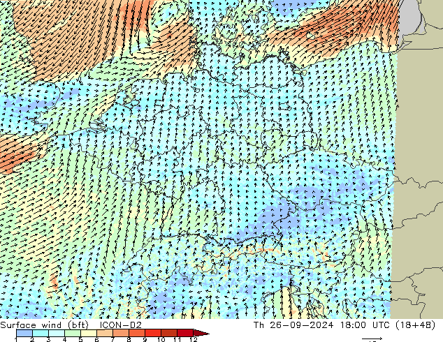 Surface wind (bft) ICON-D2 Čt 26.09.2024 18 UTC