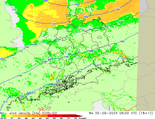 Max. wind velocity ICON-D2 mer 25.09.2024 06 UTC